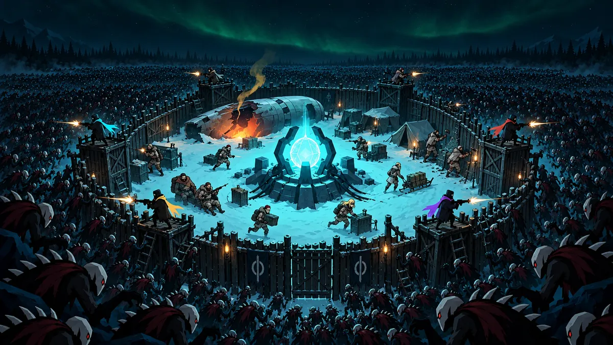 Colonists and four heroes defend a walled colony against a swarm of thousands.