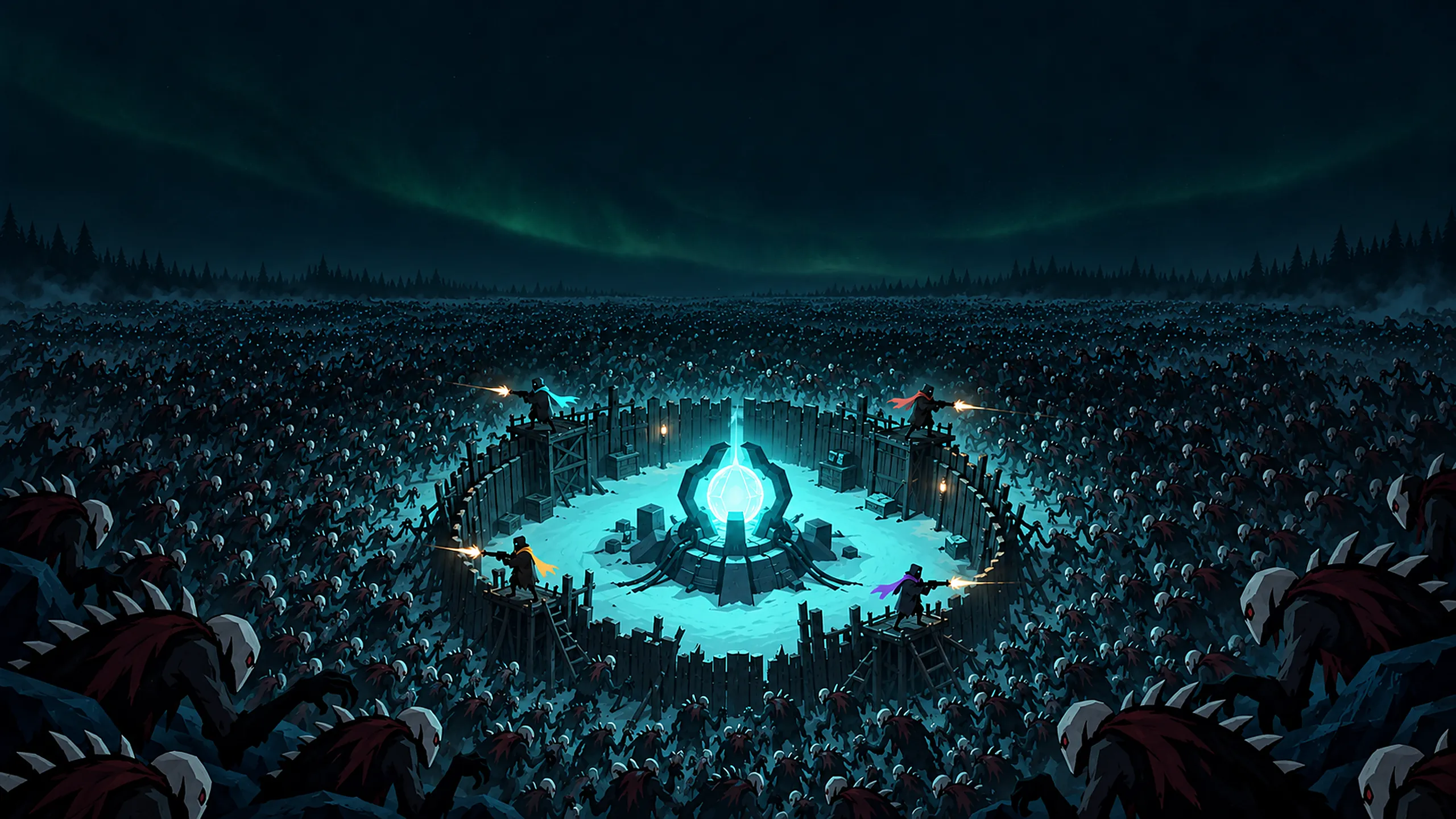 The colony core ringed by four heroes on the wall, surrounded by thousands of enemies on a frozen plain.