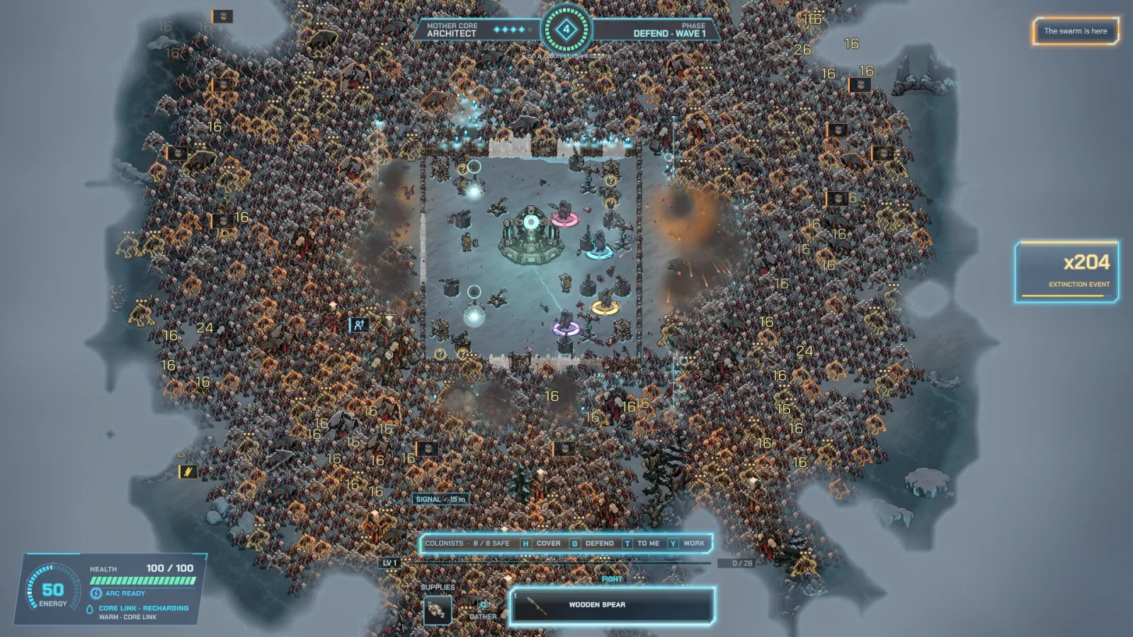 A siege in the game: the base surrounded by a huge horde.