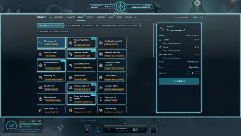The crafting screen listing recipes.